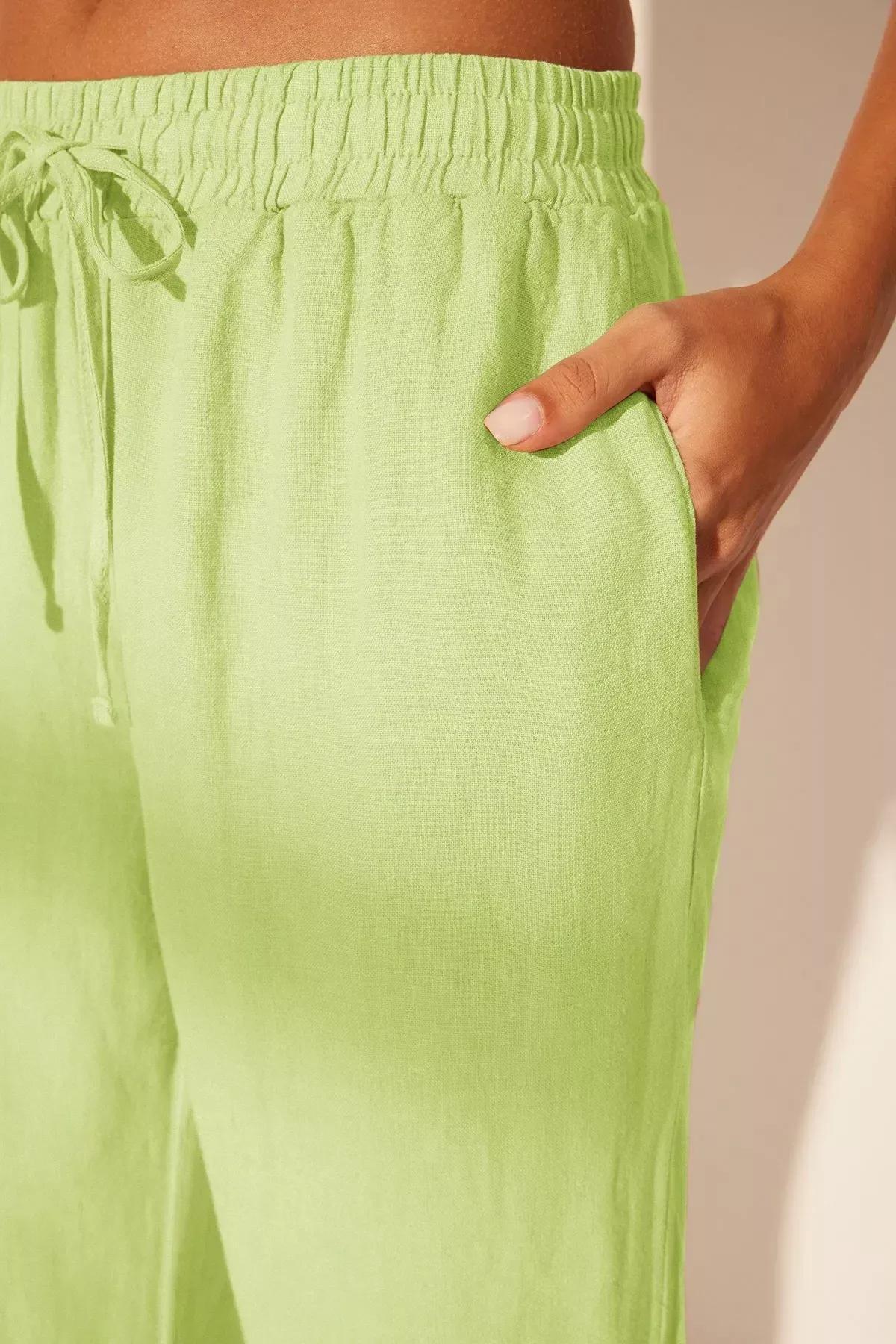 Green Linen Wide Leg Trousers, , large image number 9