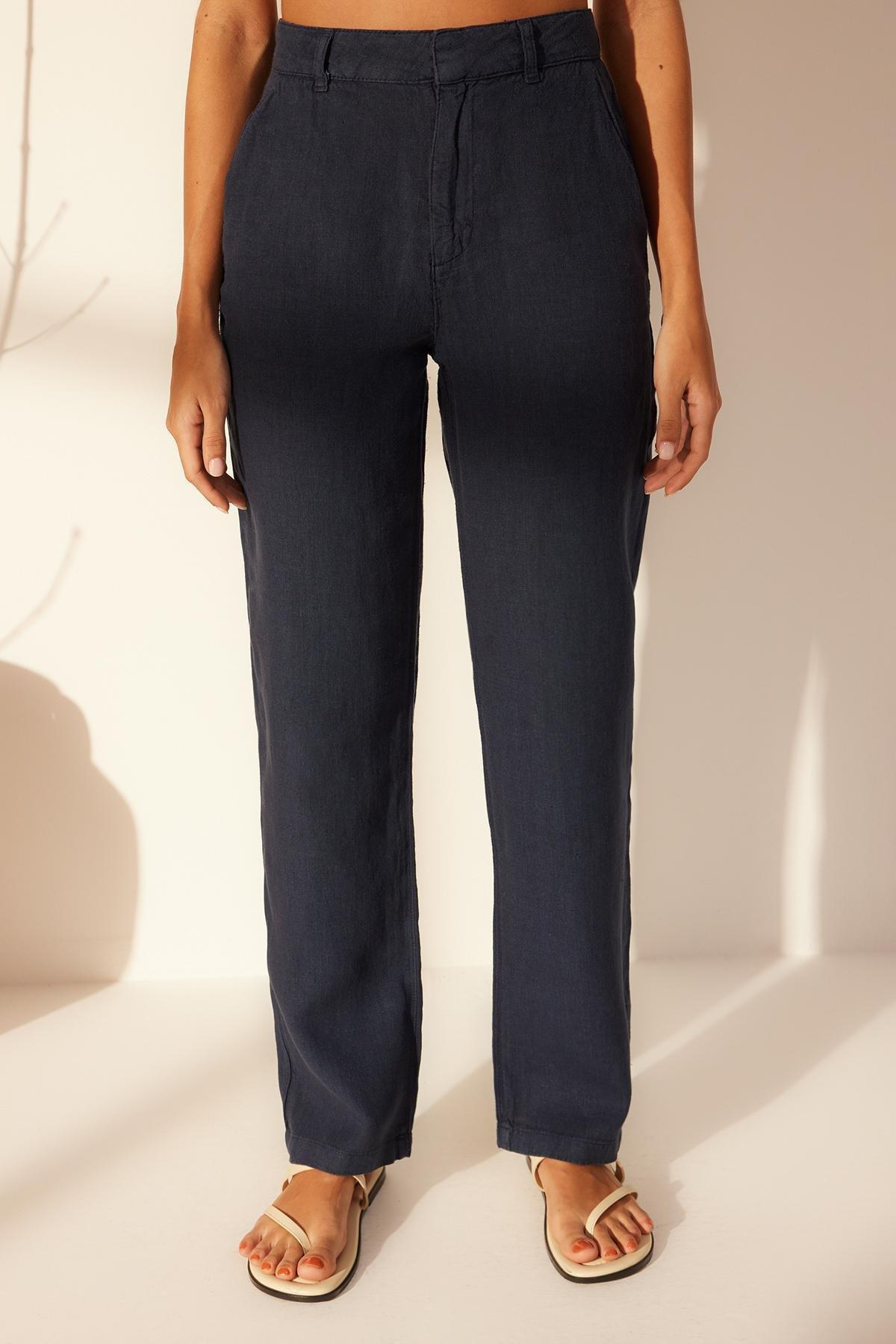 Navy Linen High Waist Trousers, , large image number 3
