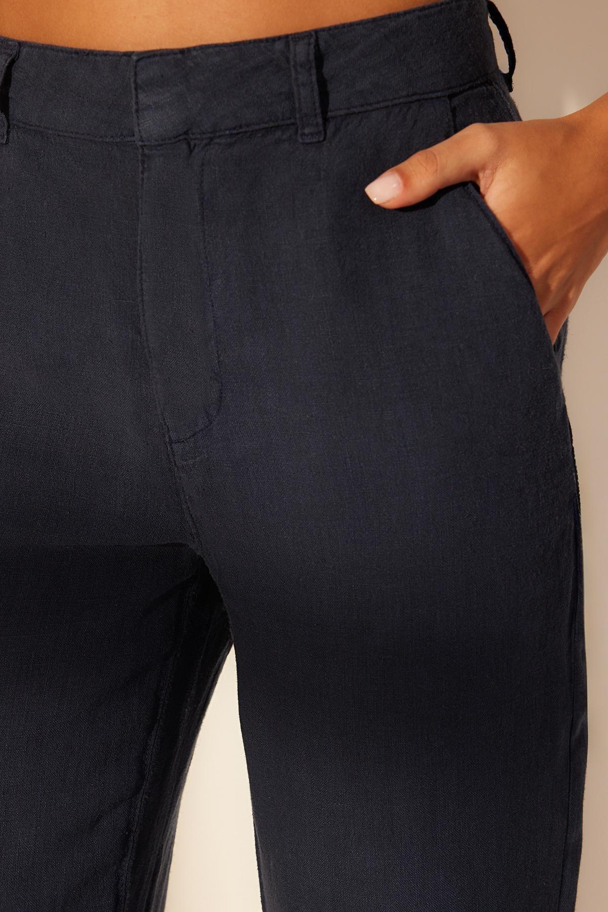 Navy Linen High Waist Trousers, , large image number 4