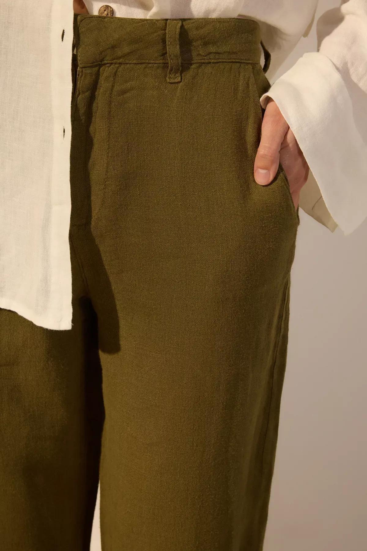 Green Linen Wide Leg Trousers, Khaki, large image number 2