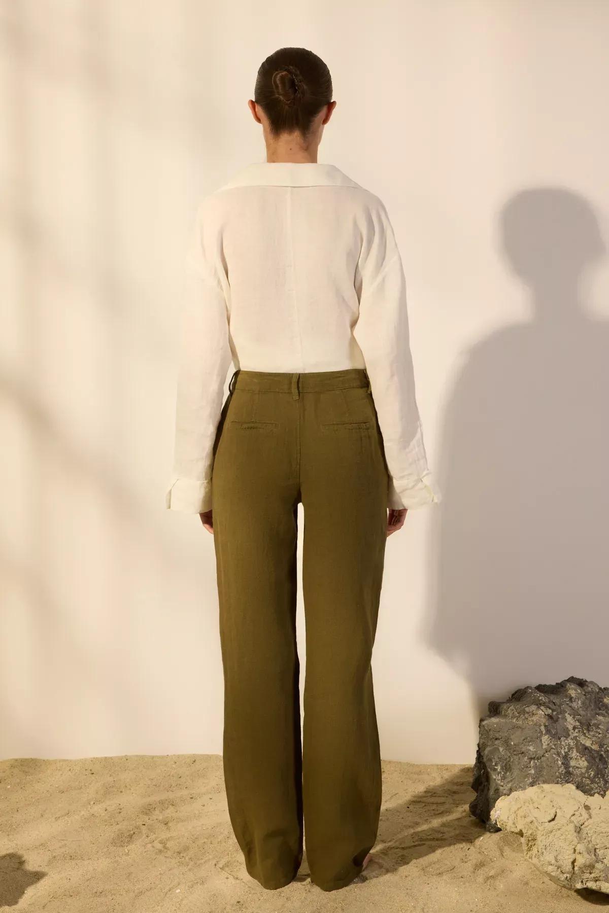 Green Linen Wide Leg Trousers, Khaki, large image number 3