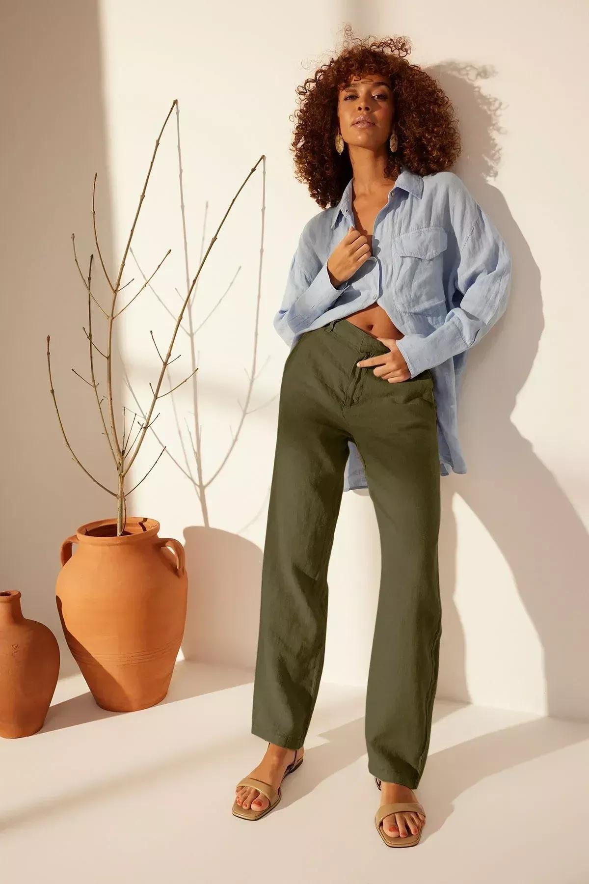 Green Linen Wide Leg Trousers, Khaki, large image number 4