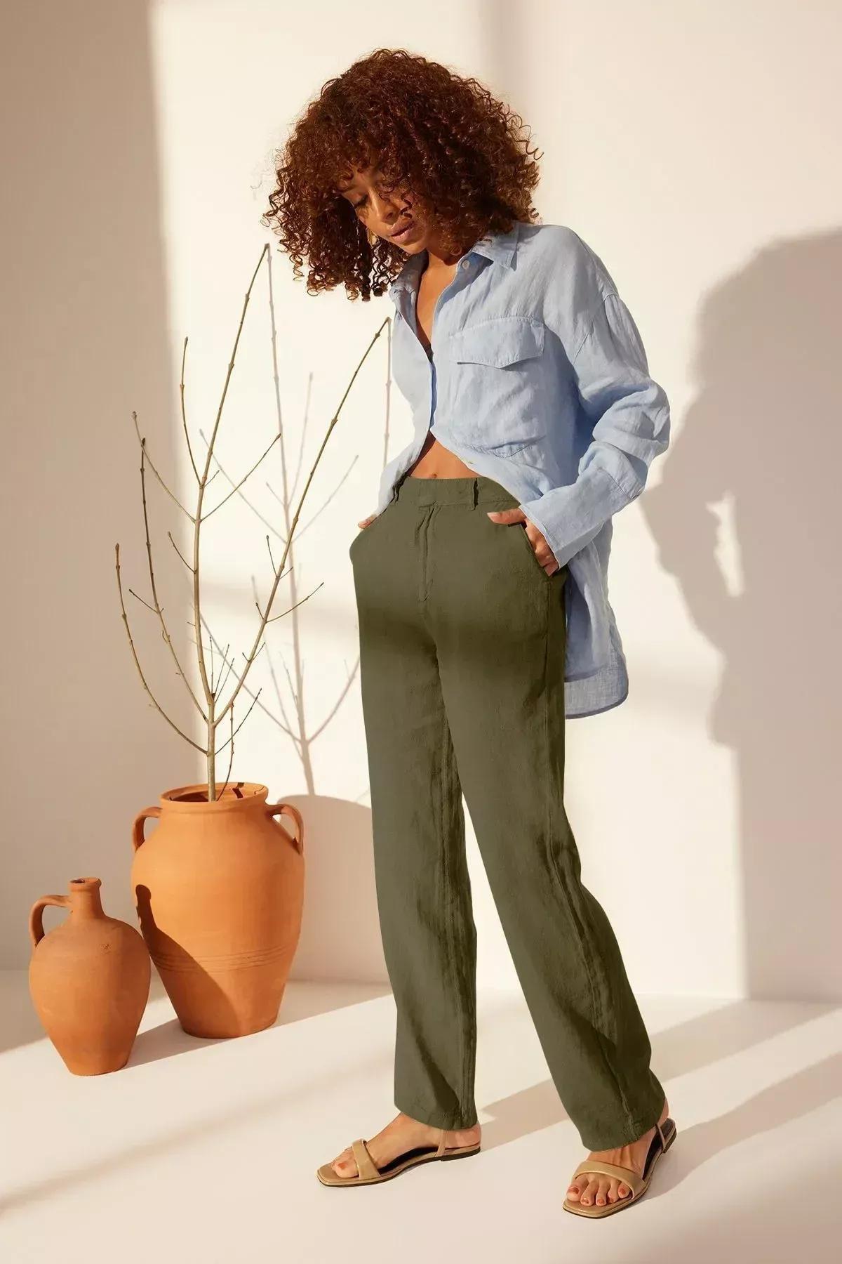 Green Linen Wide Leg Trousers, Khaki, large image number 5