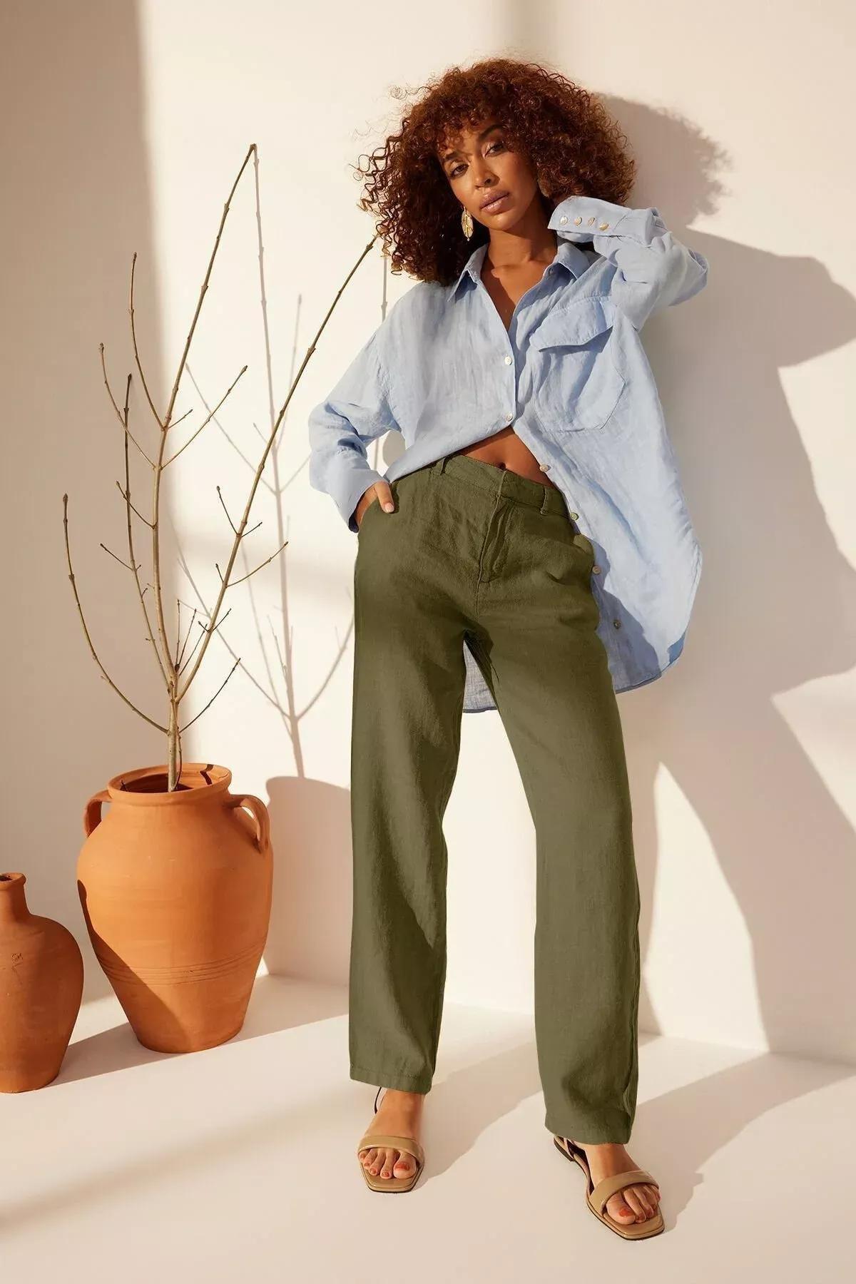 Green Linen Wide Leg Trousers, Khaki, large image number 6