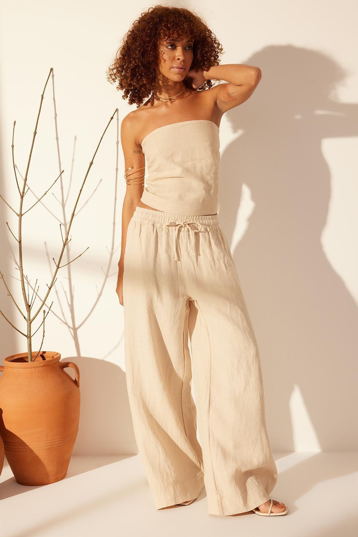 Beige Linen Elastic Waist Trousers, , large image number 0