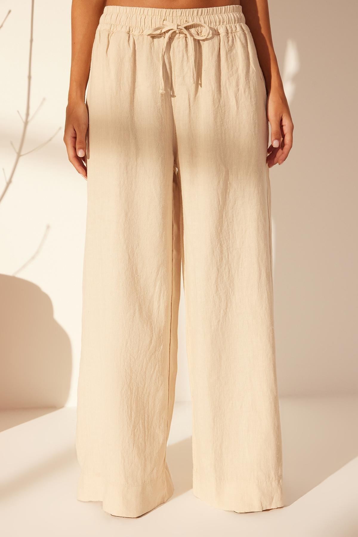 Beige Linen Elastic Waist Trousers, , large image number 3