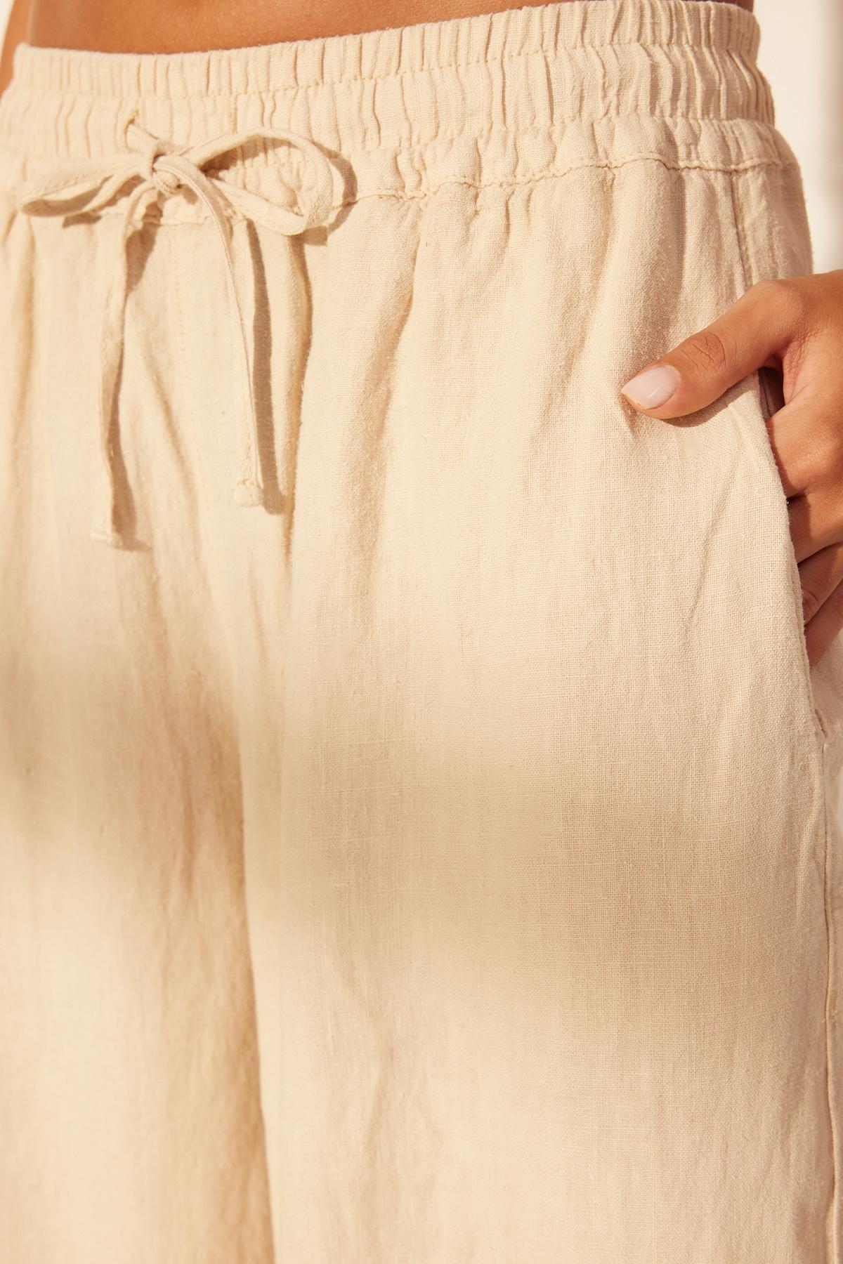 Beige Linen Elastic Waist Trousers, , large image number 4