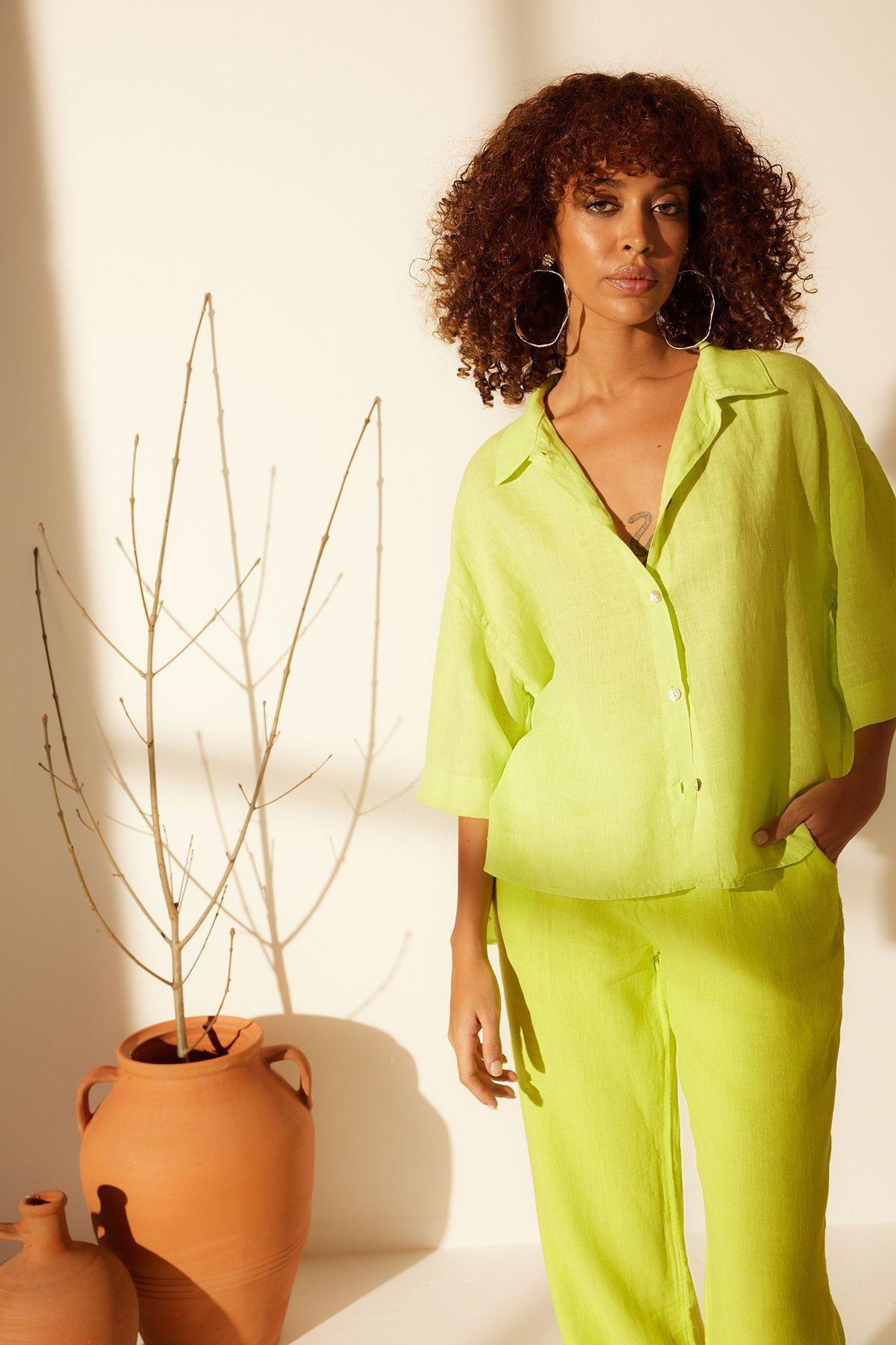 Green Oversized Linen Shirt, , large image number 1