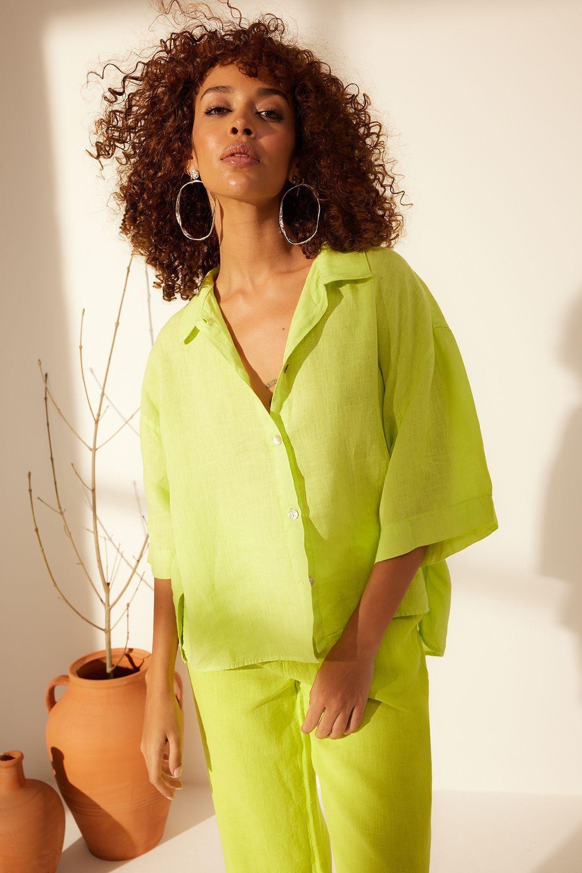 Green Oversized Linen Shirt, , large image number 2