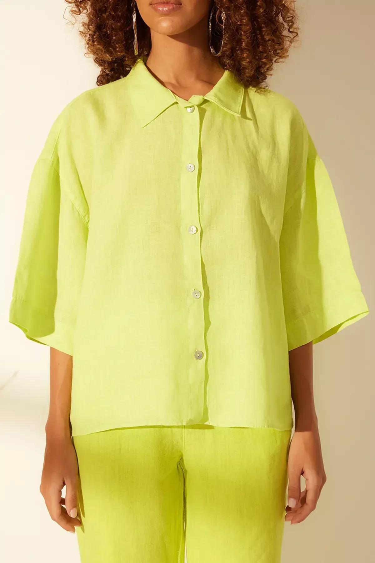 قميص كتان بقصة فضفاضة، أخضر, Yellow, large image number 4