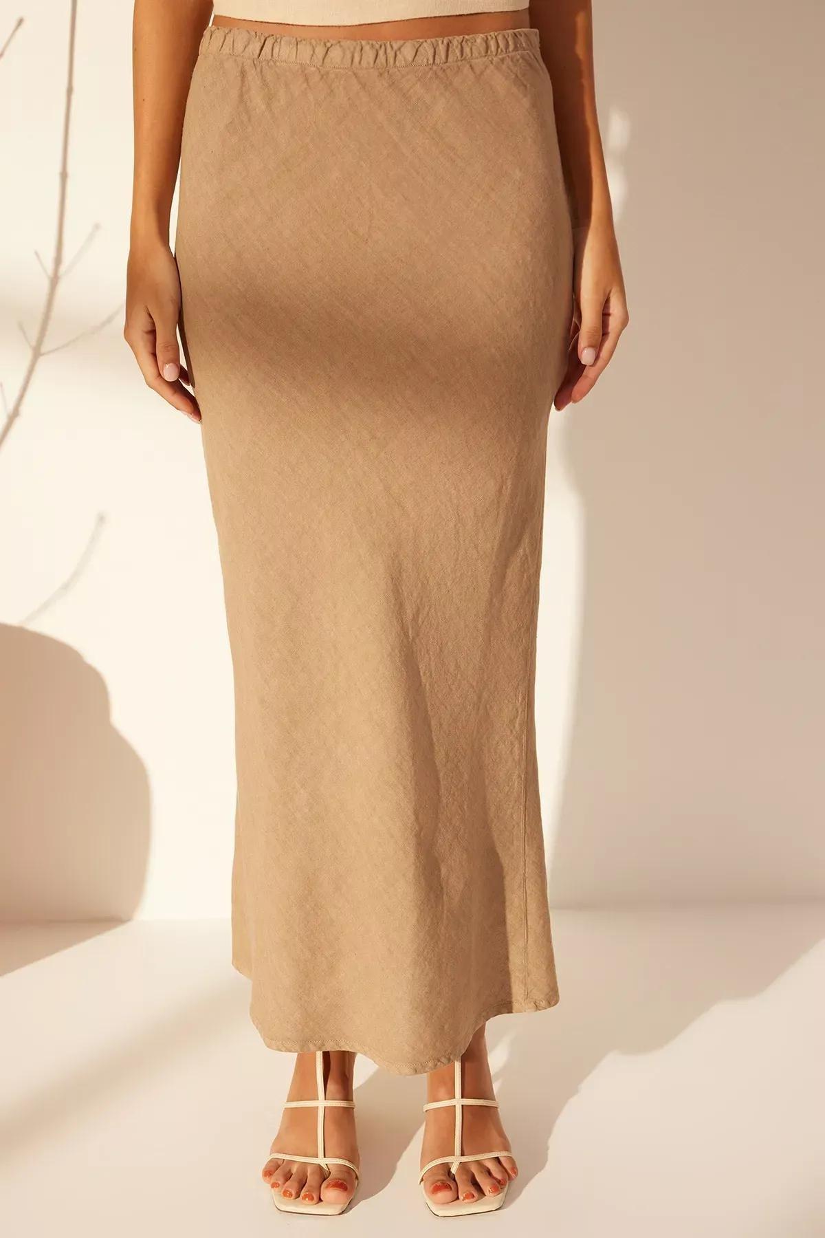 Brown Linen Elastic Waist Midi Skirt, , large image number 4