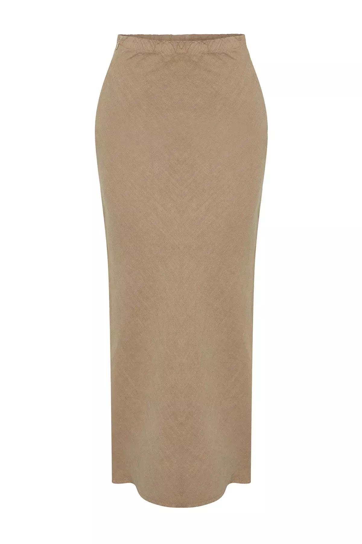 Brown Linen Elastic Waist Midi Skirt, Mink, large image number 6