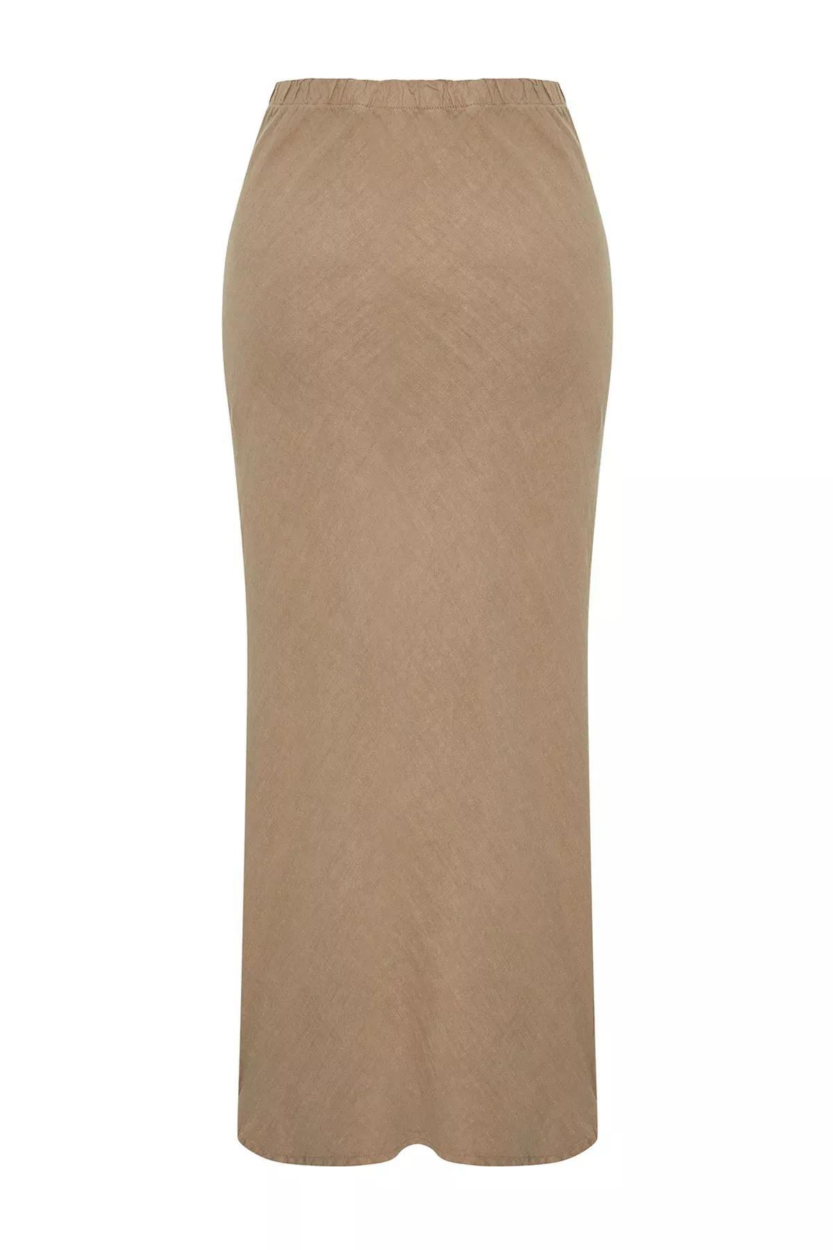 Brown Linen Elastic Waist Midi Skirt, Mink, large image number 7