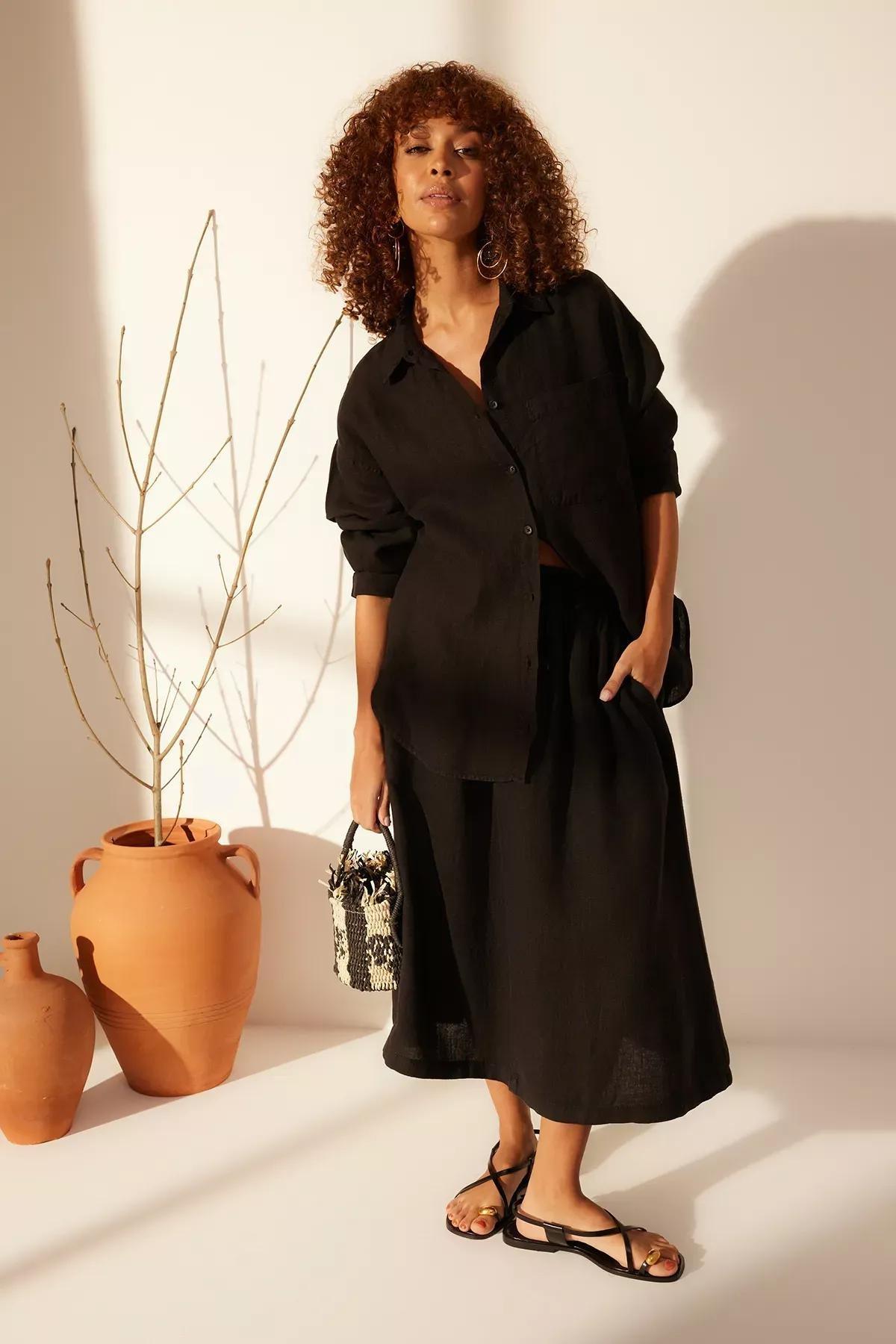 Black Linen Elastic Waist Midi Skirt, C101_5720, medium