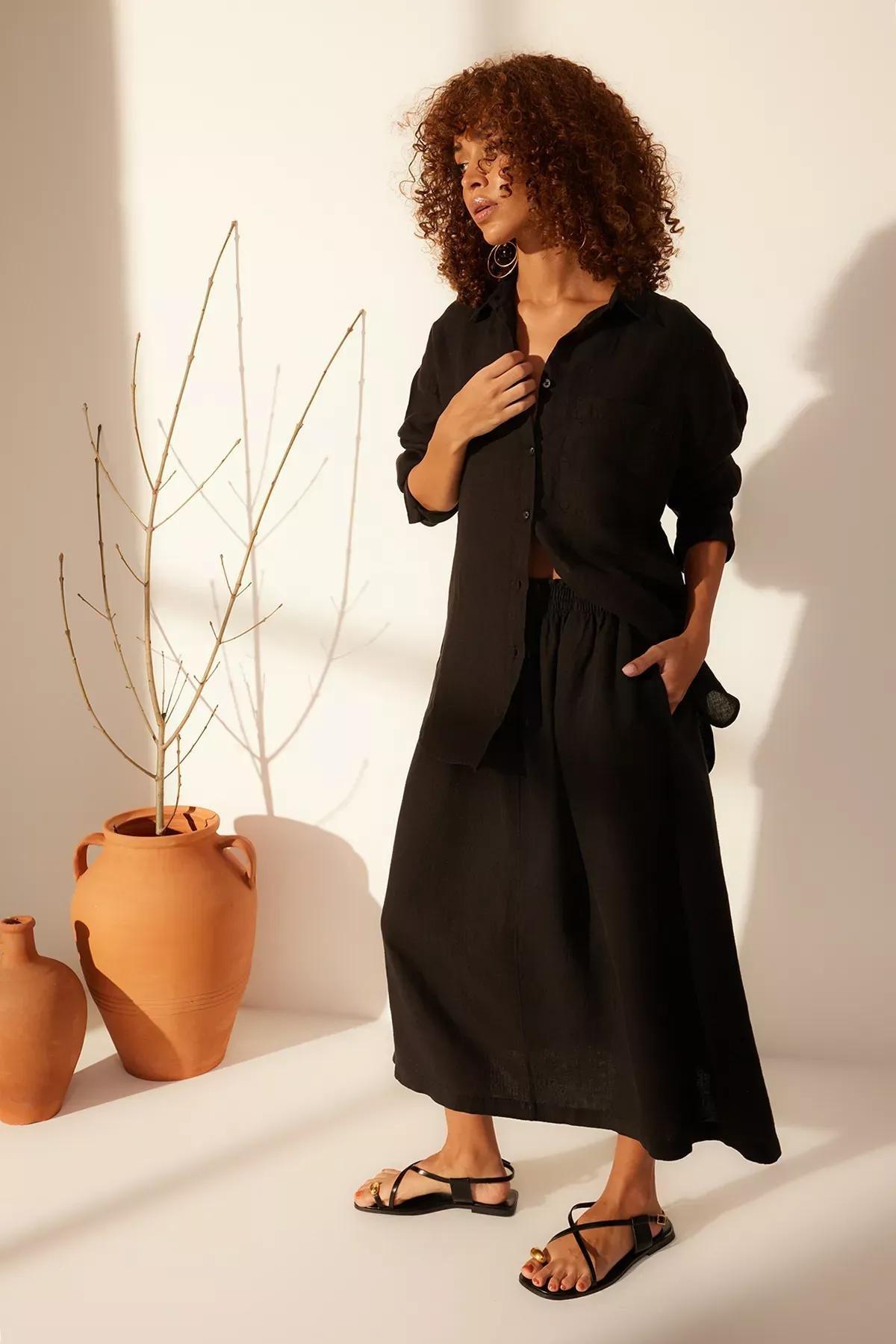 Black Linen Elastic Waist Midi Skirt, C101_5720, large image number 1