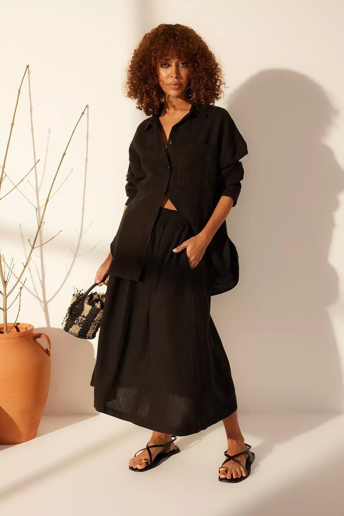 Black Linen Elastic Waist Midi Skirt, C101_5720, large image number 2