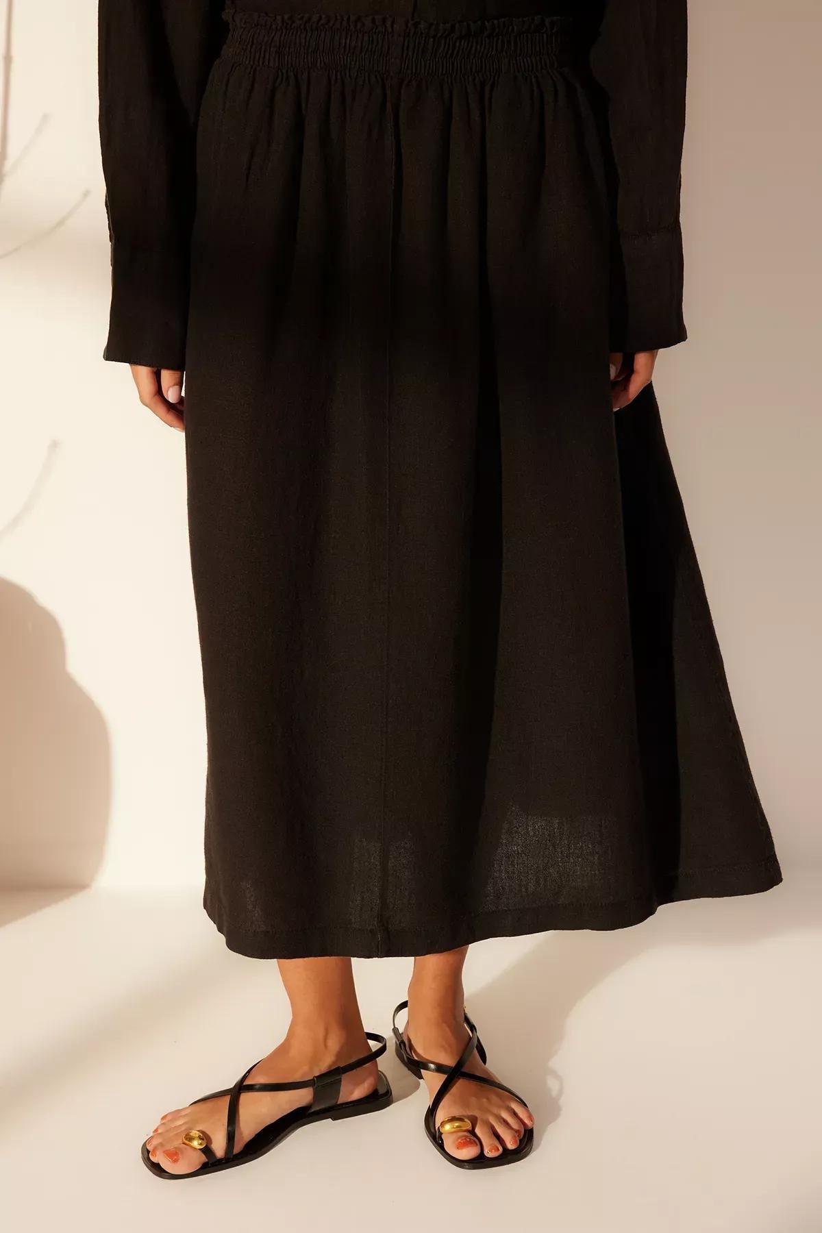 Black Linen Elastic Waist Midi Skirt, C101_5720, large image number 3