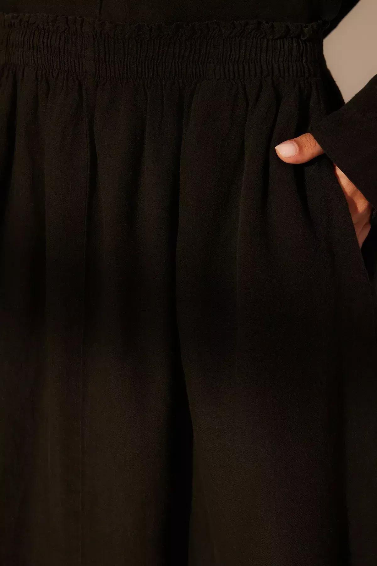 Black Linen Elastic Waist Midi Skirt, C101_5720, large image number 4