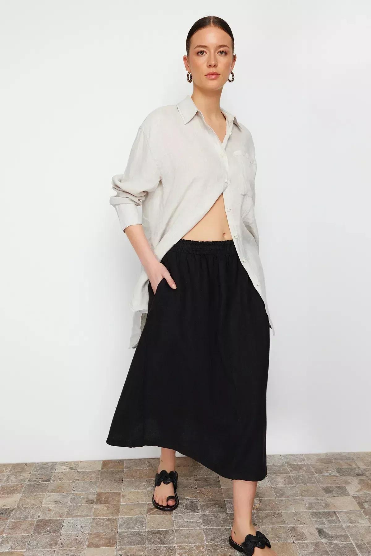 Black Linen Elastic Waist Midi Skirt, C101_5720, large image number 5