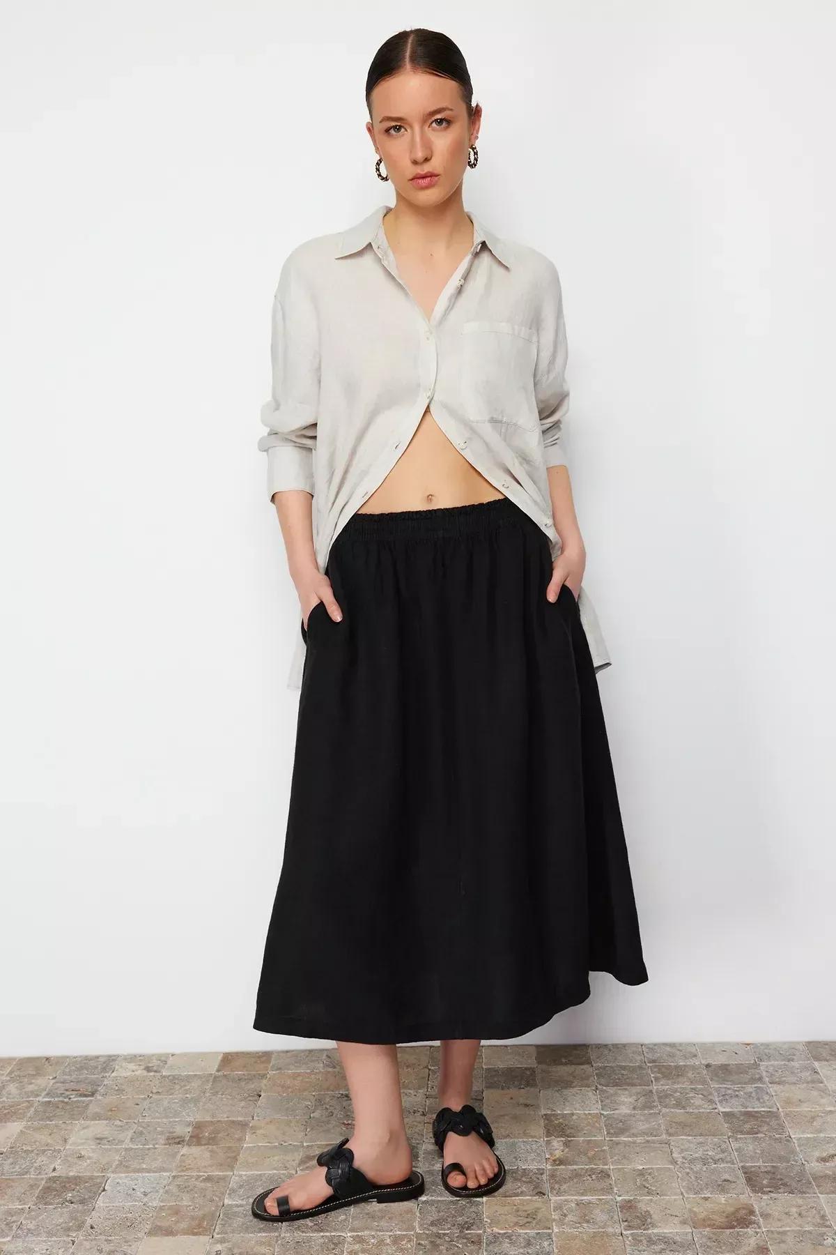 Black Linen Elastic Waist Midi Skirt, C101_5720, large image number 6