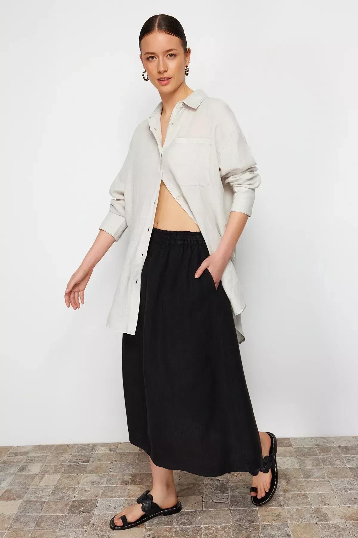 Black Linen Elastic Waist Midi Skirt, C101_5720, large image number 7