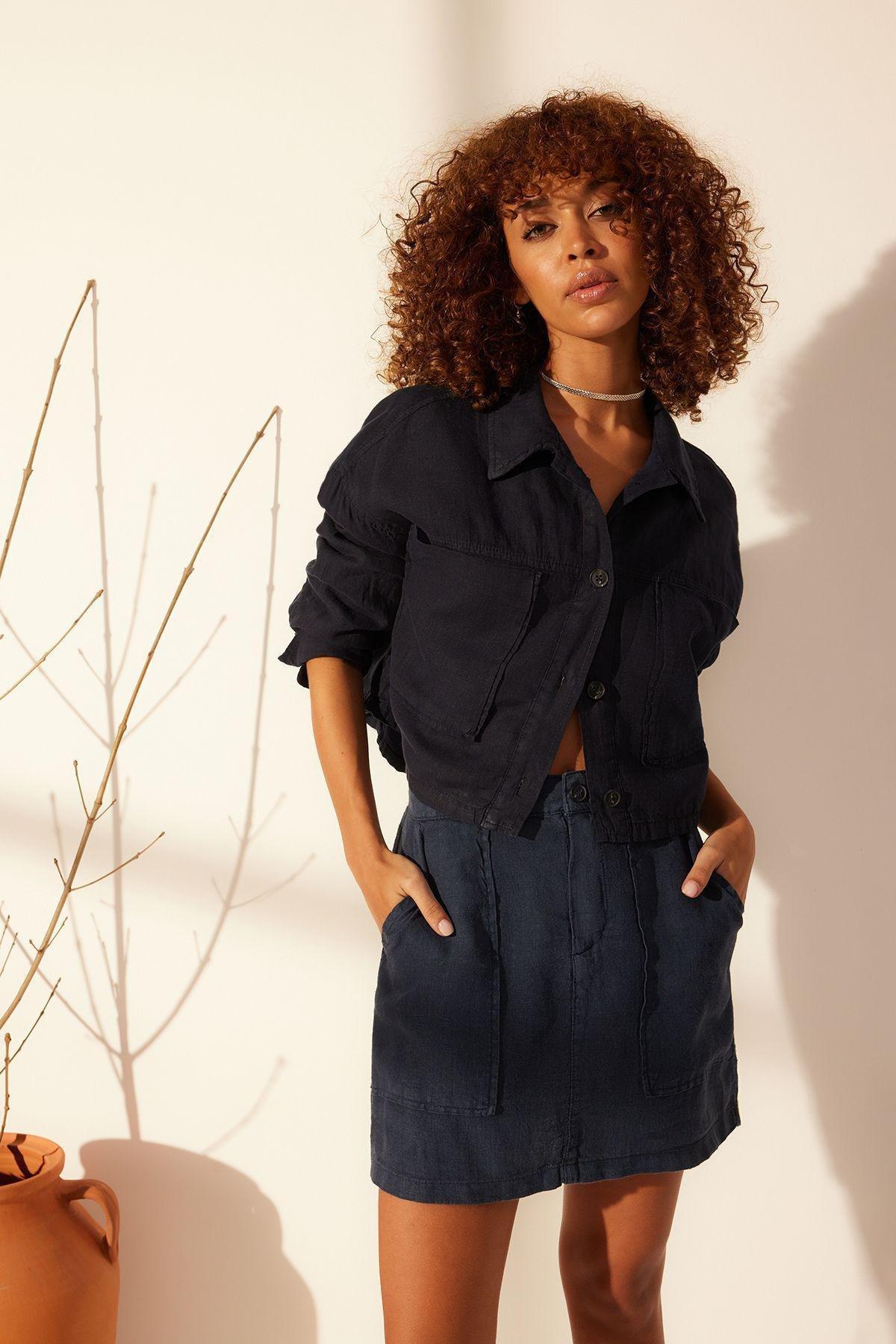 Navy Linen Pocket Detail Mini Skirt, , large image number 2