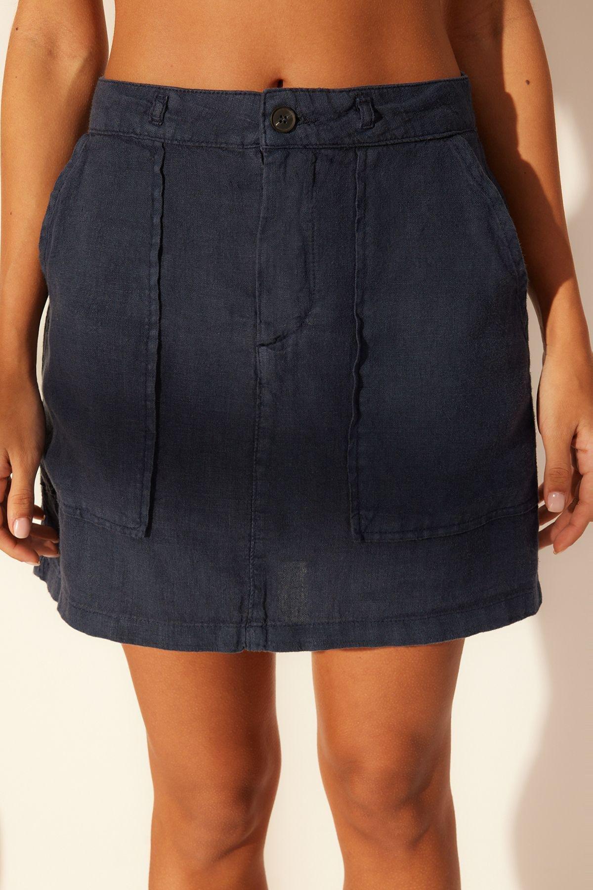 Navy Linen Pocket Detail Mini Skirt, , large image number 3