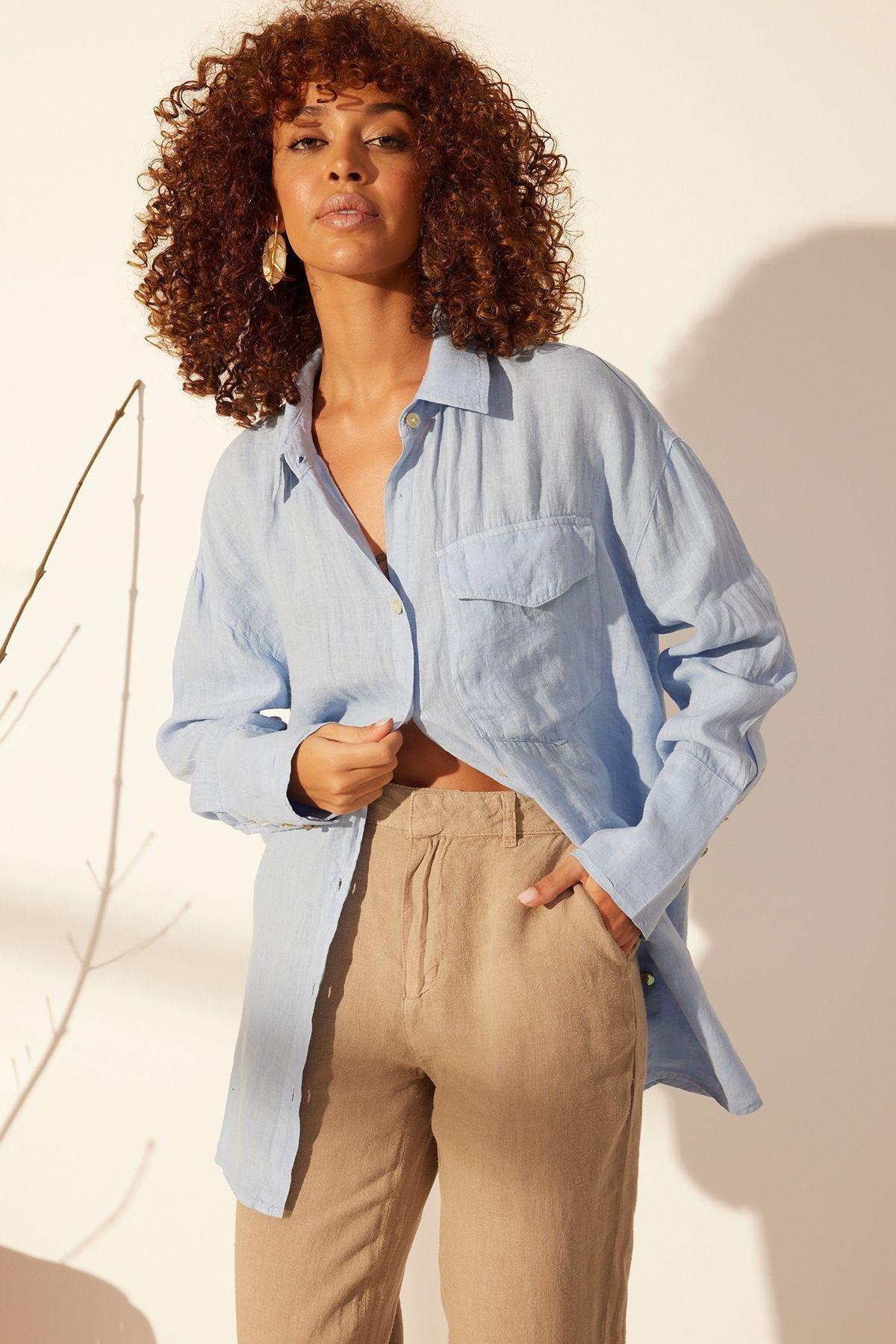 Blue Oversized Linen Shirt, , large image number 0
