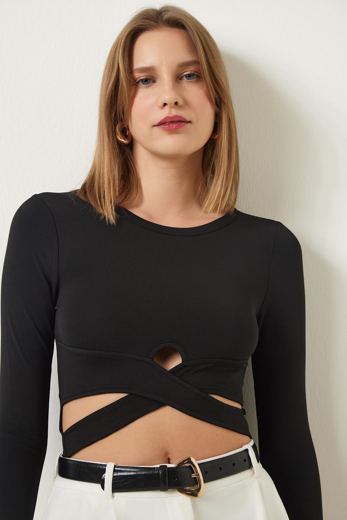 Black Cut-Out Crop Blouse, BLACK, medium