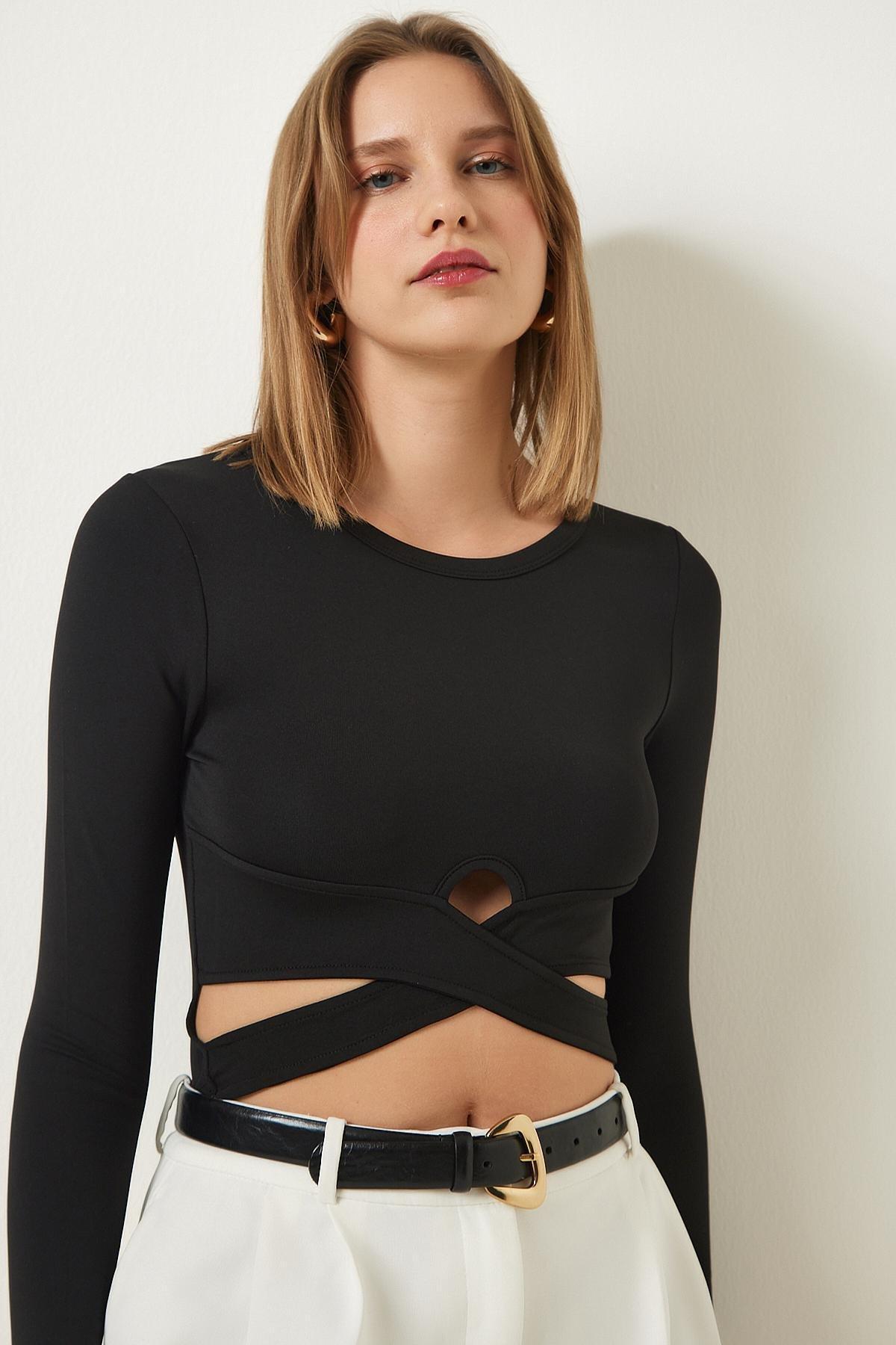 Black Cut-Out Crop Blouse, BLACK, medium