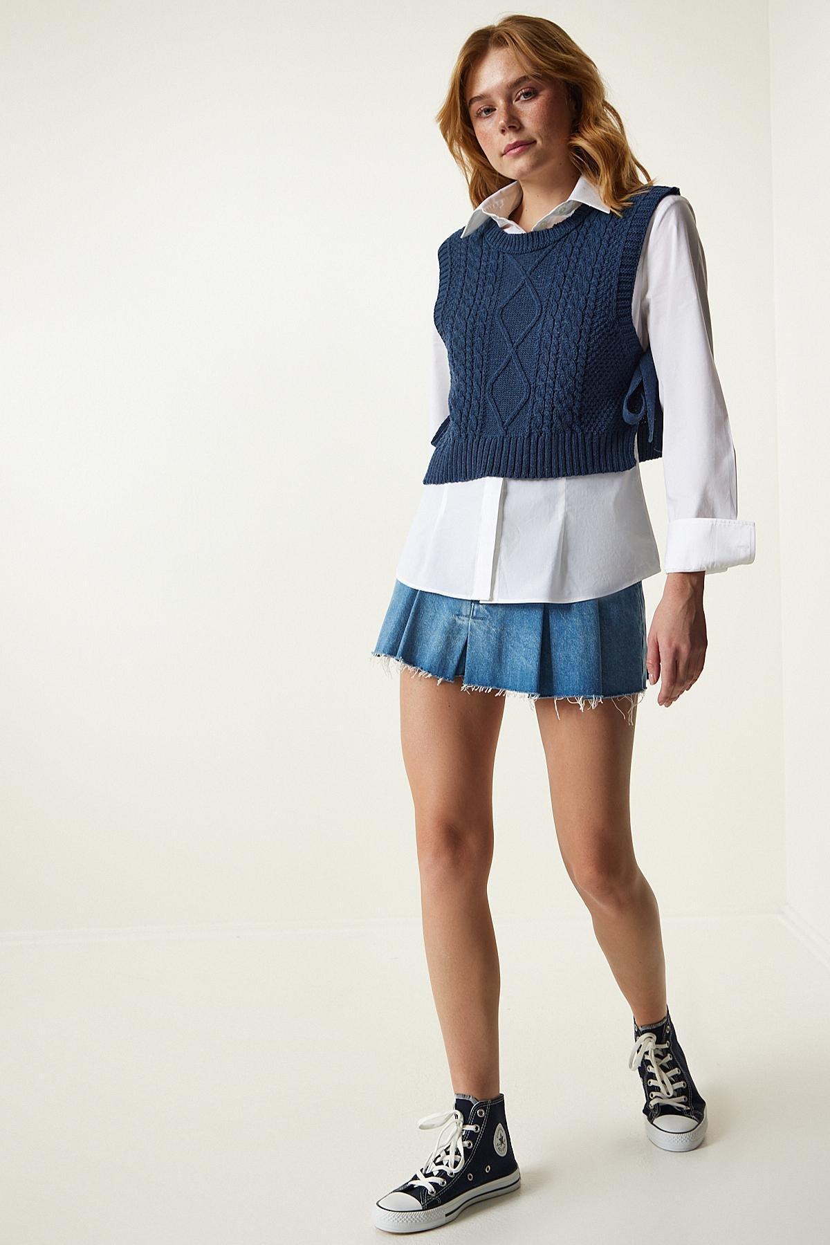 Navy Tied Knitted Sweater, Navy blue, large image number 0