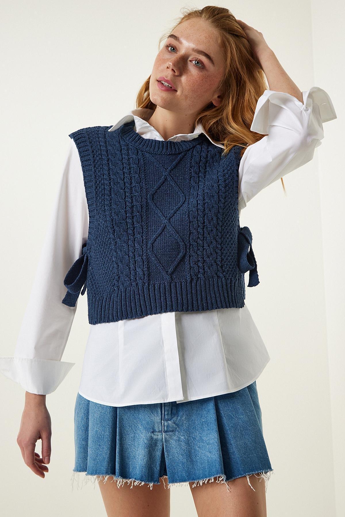 Navy Tied Knitted Sweater, Navy blue, large image number 1