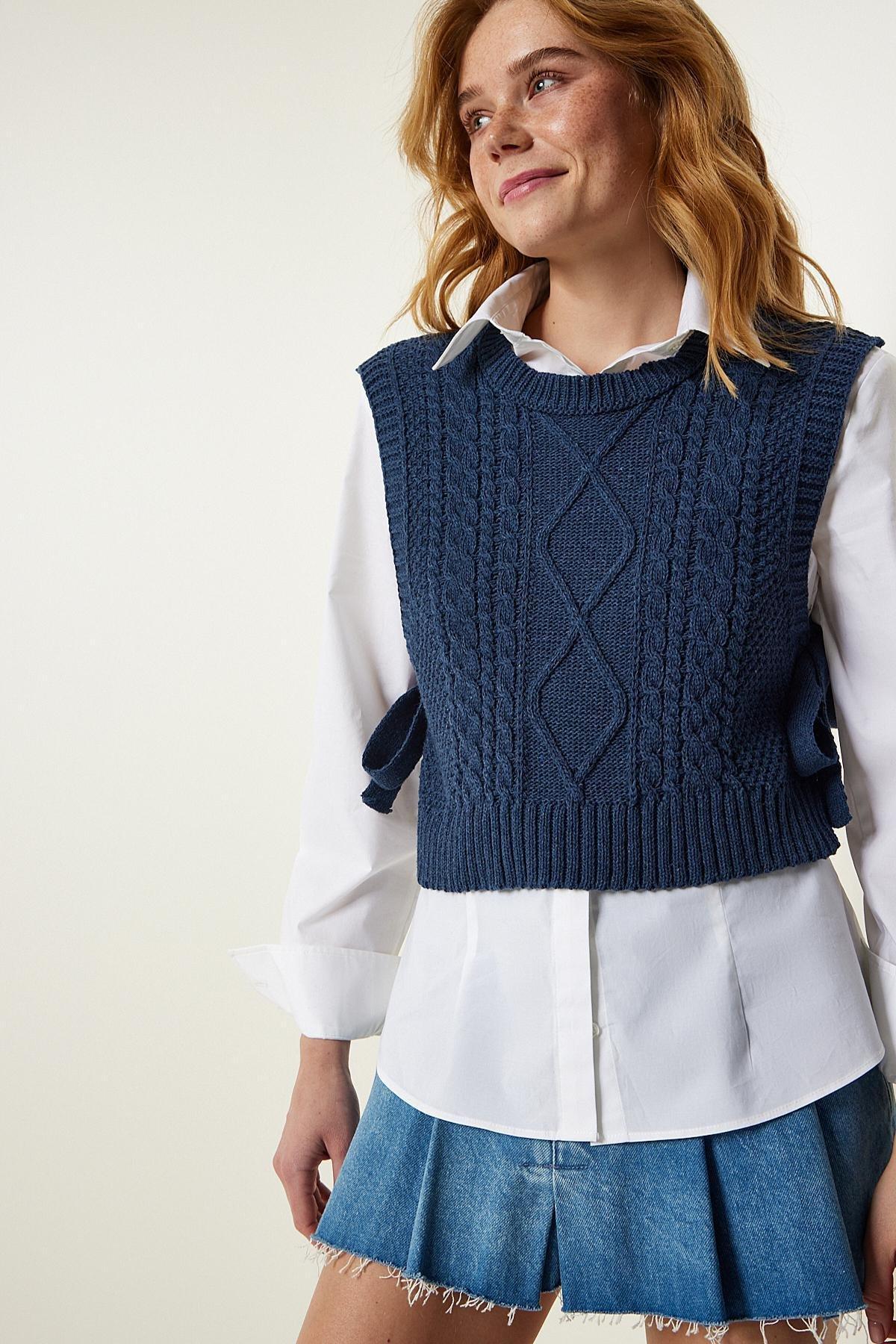 Navy Tied Knitted Sweater, Navy blue, large image number 2