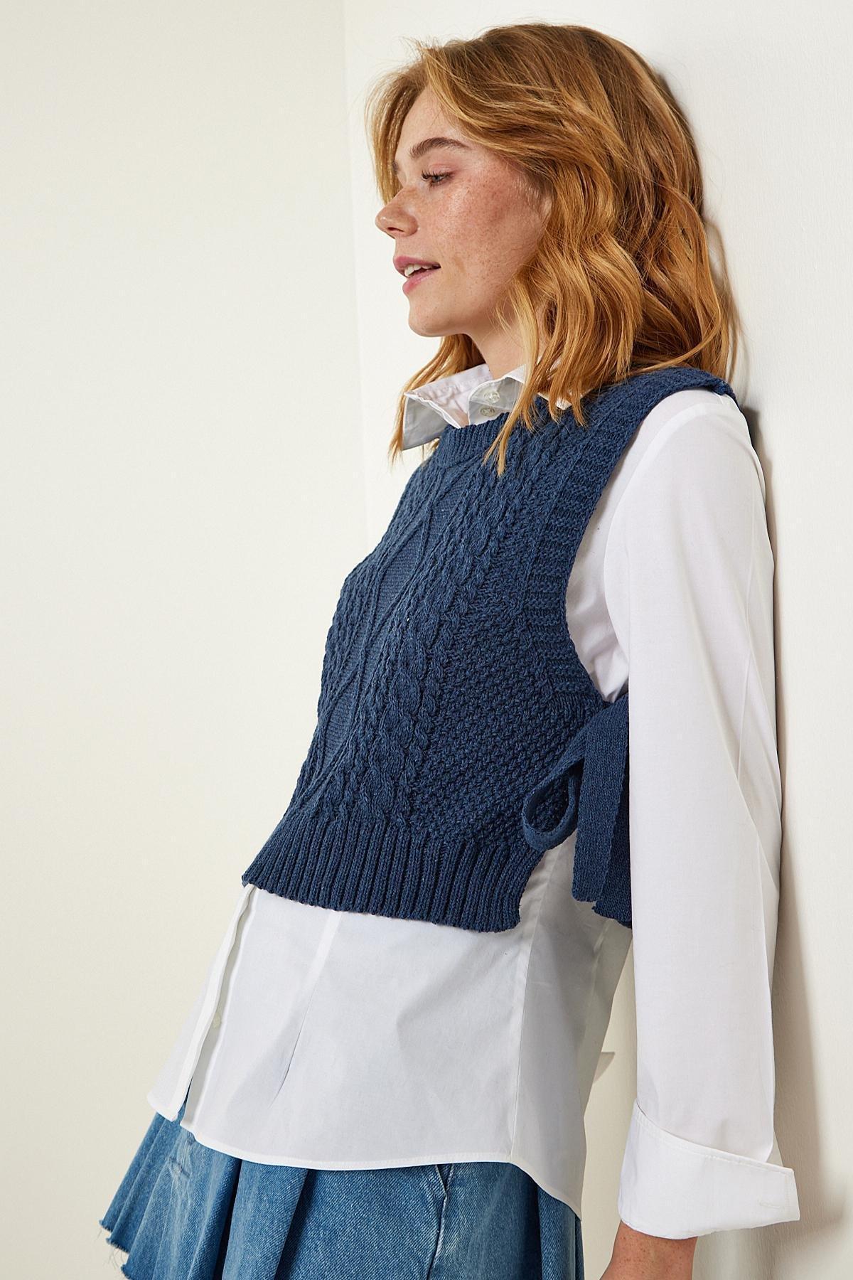 Navy Tied Knitted Sweater, Navy blue, large image number 4