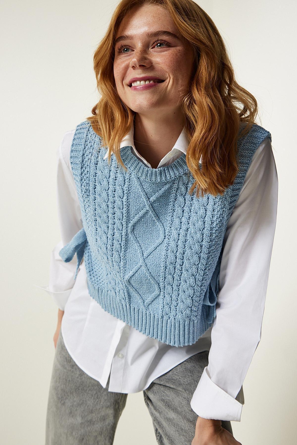 Blue Tied Knitted Sweater, SKY BLUE, large image number 0