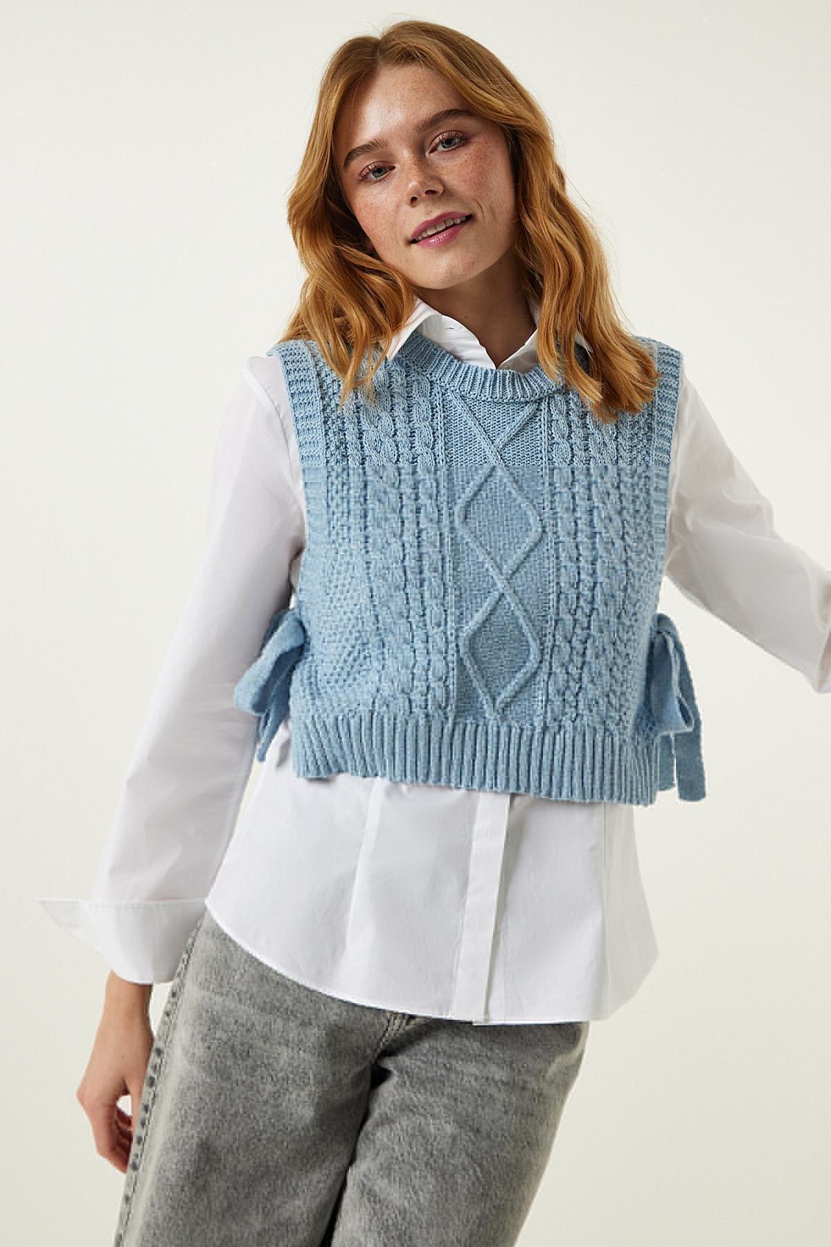 Blue Tied Knitted Sweater, SKY BLUE, large image number 1