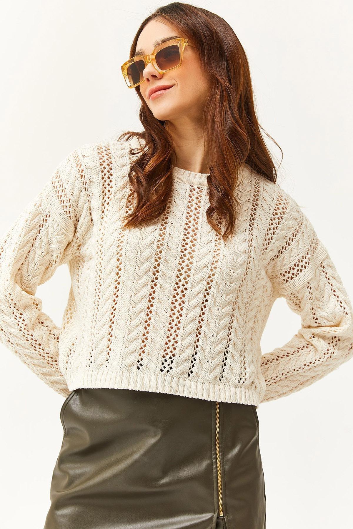 Womens Ecru Stripe Openwork Seasonal Knitwear Blouse BLZ-19002476, single, Ecru, large image number 1
