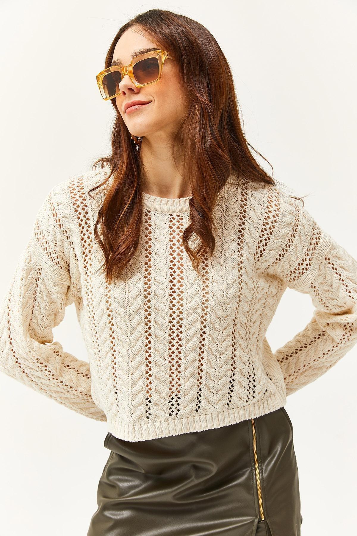 Womens Ecru Stripe Openwork Seasonal Knitwear Blouse BLZ-19002476, single, Ecru, large image number 2