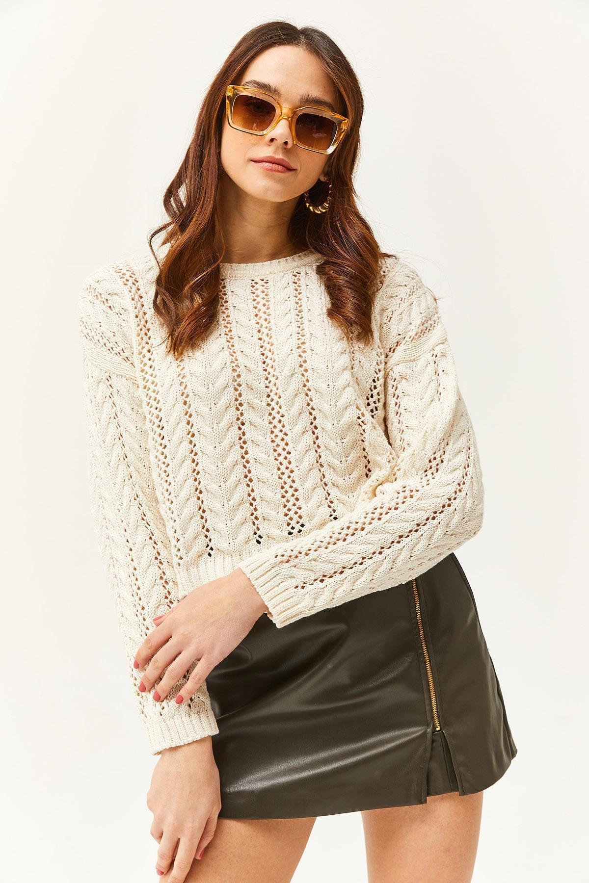 Womens Ecru Stripe Openwork Seasonal Knitwear Blouse BLZ-19002476, single, Ecru, large image number 3