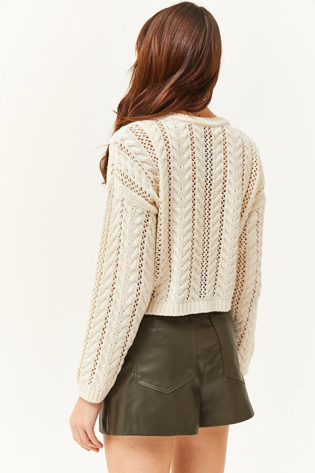 Womens Ecru Stripe Openwork Seasonal Knitwear Blouse BLZ-19002476, single, Ecru, large image number 4