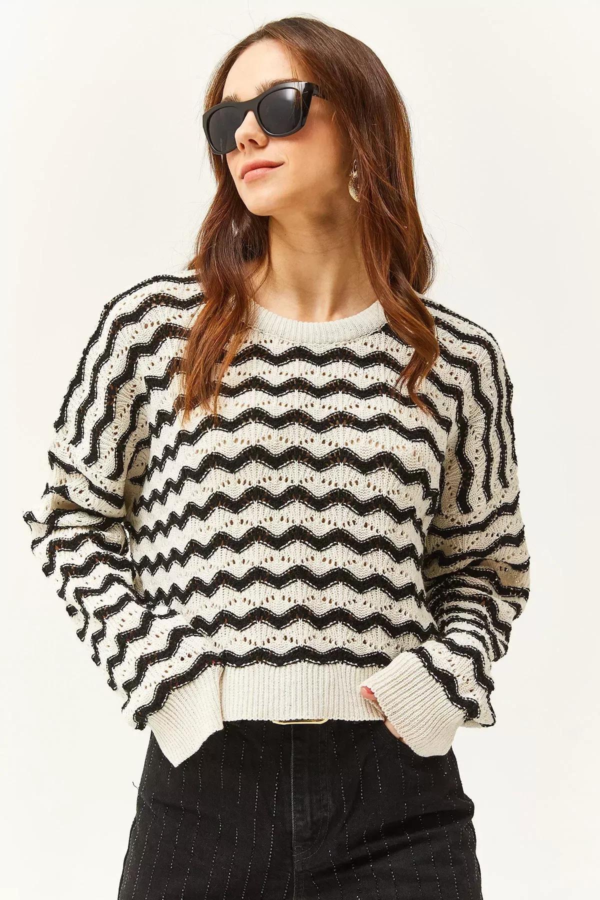 Multicolour Chevron Casual Blouse, Ecru Black, large image number 1