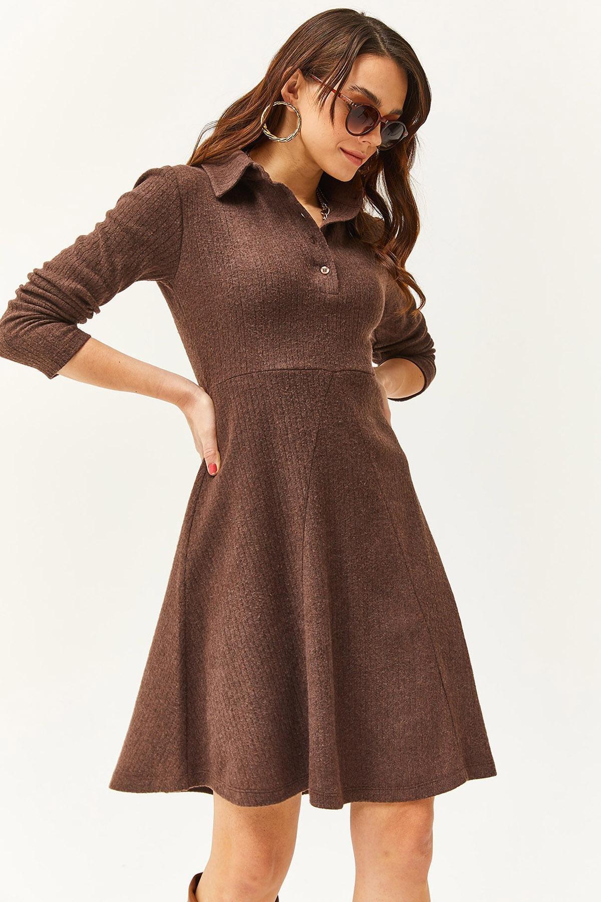 Brown Polo Collar Mini Flared Dress, Bitter Brown, medium