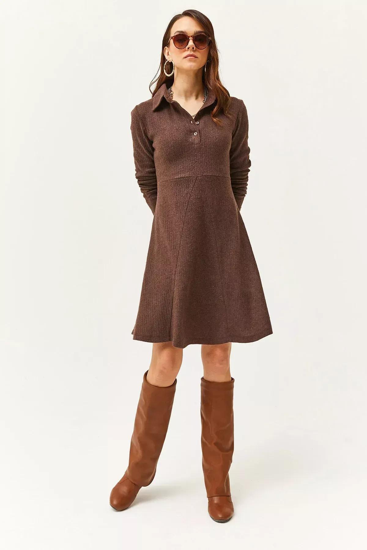 Brown Polo Collar Mini Flared Dress, Bitter Brown, large image number 1