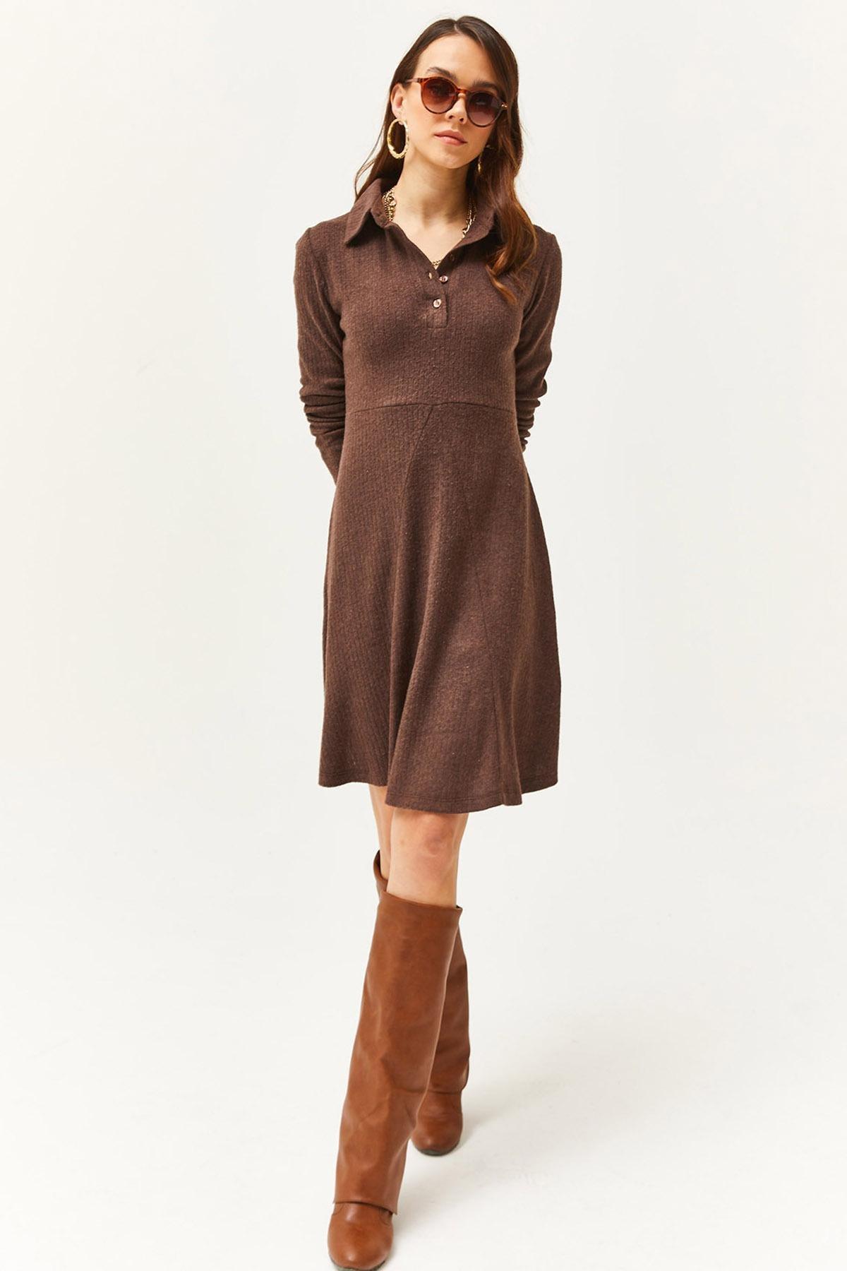 Brown Polo Collar Mini Flared Dress, Bitter Brown, large image number 2