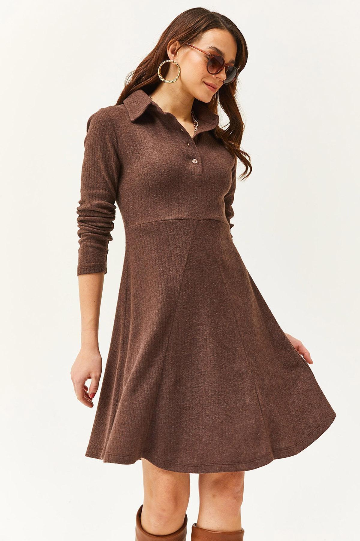 Brown Polo Collar Mini Flared Dress, Bitter Brown, large image number 3