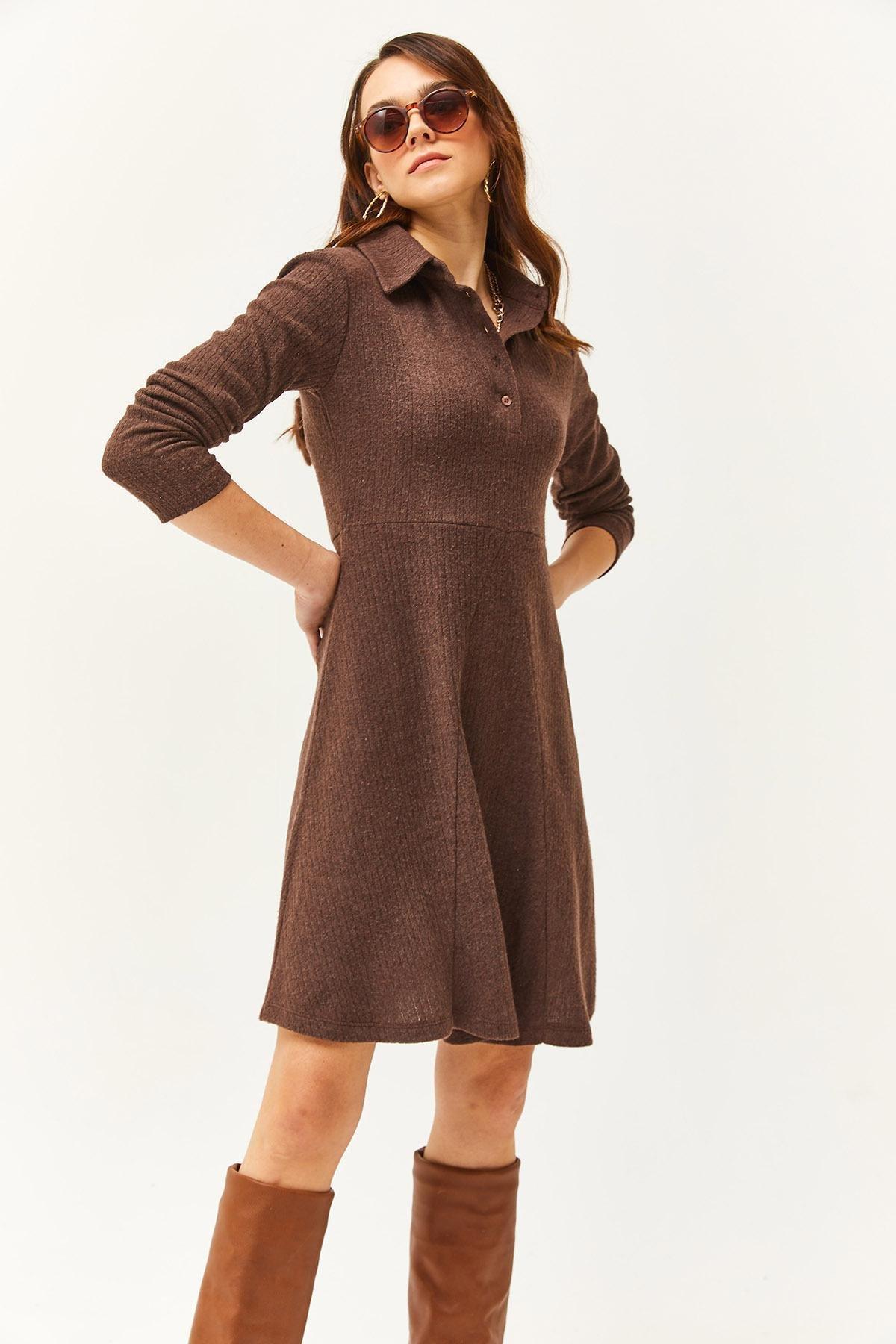 Brown Polo Collar Mini Flared Dress, Bitter Brown, large image number 4