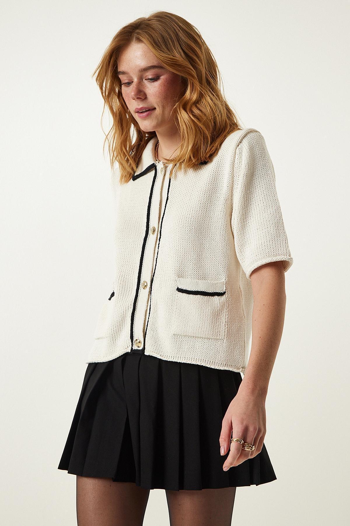 Cream Pocket Polo Neck Seasonal Blouse, Cream, large image number 1