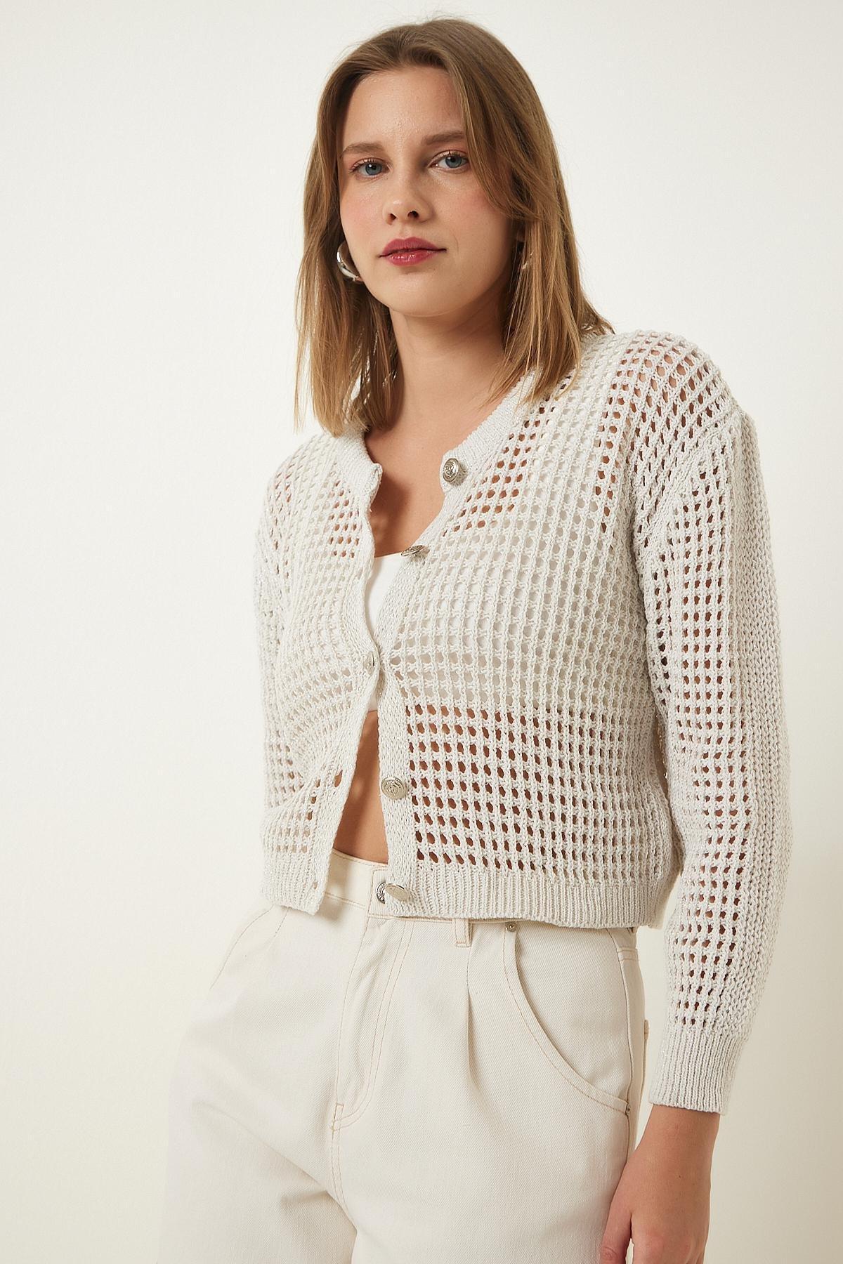 White Openwork Knitted Cardigan, Cream, large image number 1