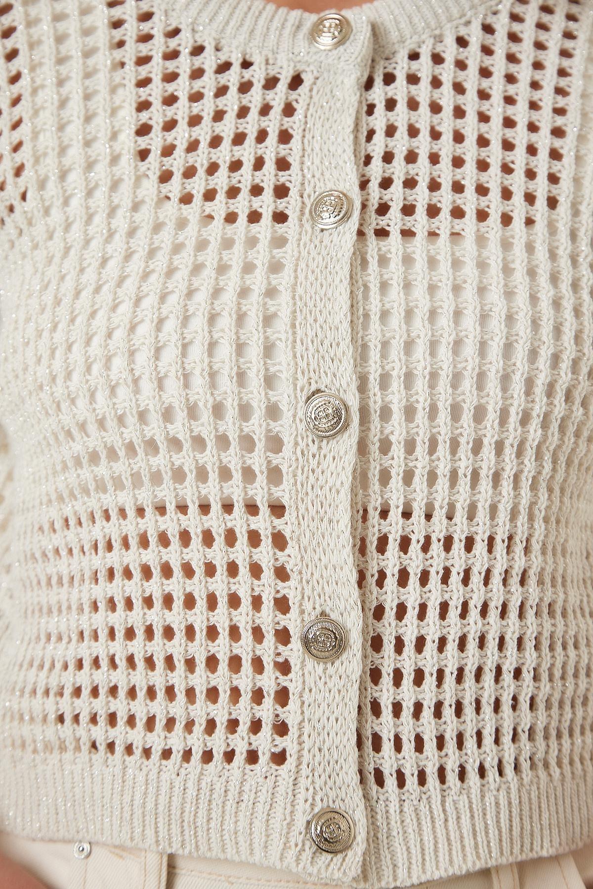 White Openwork Knitted Cardigan, Cream, large image number 3