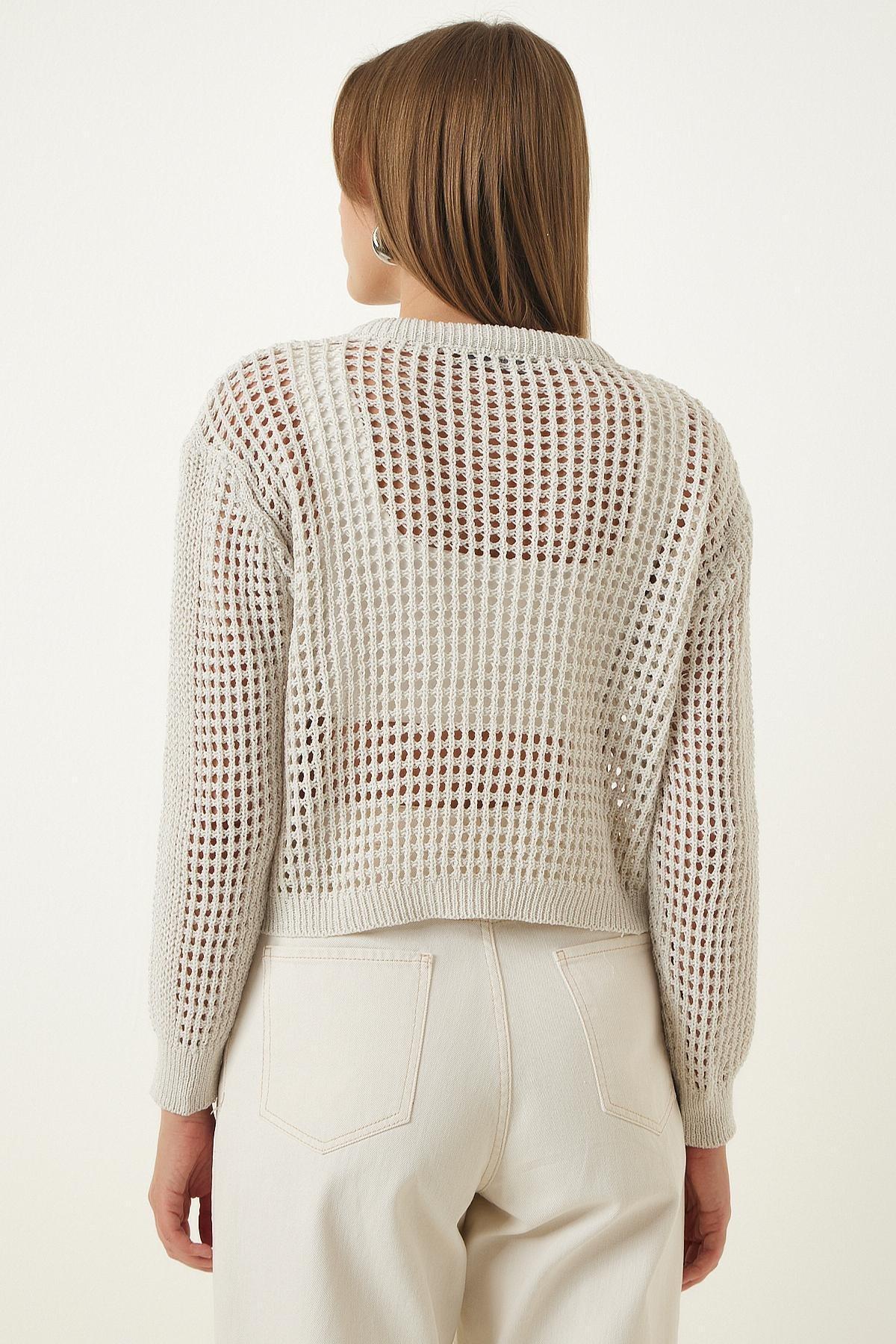 White Openwork Knitted Cardigan, Cream, large image number 4
